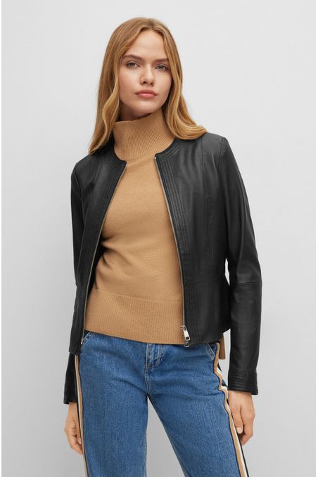 CASACA REGULAR FIT SIN CUELLO EN PIEL DE CORDERO MUJER