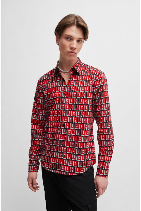 CAMISA SLIM FIT DE POPELÍN DE ALGODÓN ELÁSTICO CON LOGO ESTAMPADO HOMBRE
