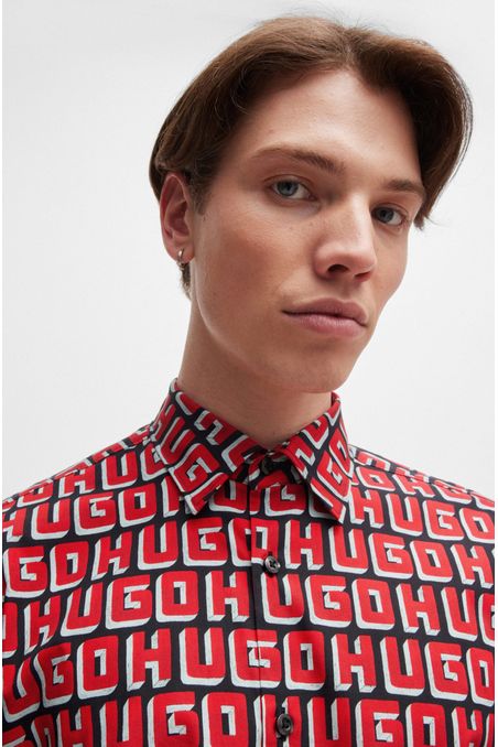 CAMISA SLIM FIT DE POPELÍN DE ALGODÓN ELÁSTICO CON LOGO ESTAMPADO HOMBRE