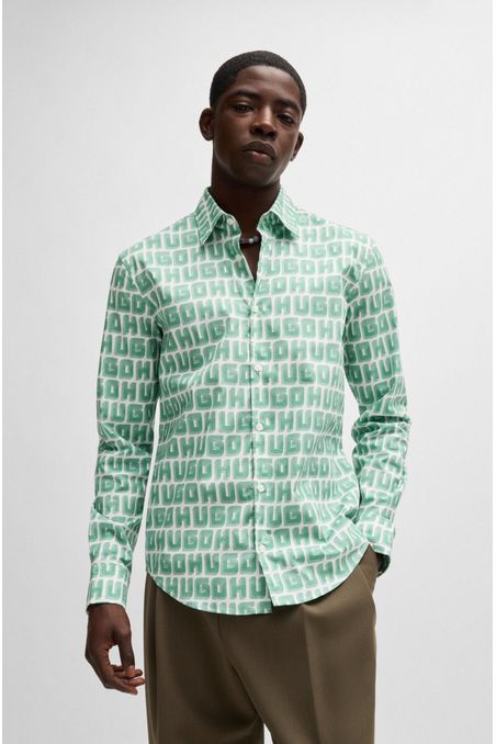 CAMISA SLIM FIT DE POPELÍN DE ALGODÓN ELÁSTICO CON LOGO ESTAMPADO HOMBRE