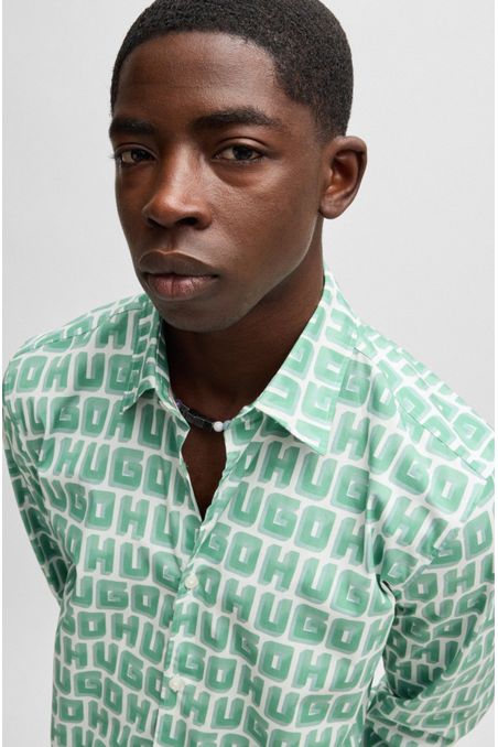 CAMISA SLIM FIT DE POPELÍN DE ALGODÓN ELÁSTICO CON LOGO ESTAMPADO HOMBRE