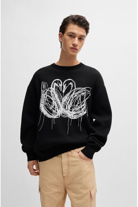 POLERA HUGO X LES BENJAMINS OVERSIZE FIT CON MOTIVO DE CISNES EN JACQUARD HOMBRE