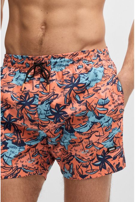 TRAJE DE BAÑO ESTAMPADO CON DETALLE DE LOGO TRAJE DE BAÑO HOMBRE